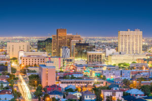 El Paso, Texas, USA downtown city skyline at dusk with Juarez, Mexico in the distance.