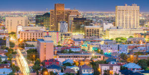 El Paso, Texas, USA downtown city skyline at dusk with Juarez, Mexico in the distance.