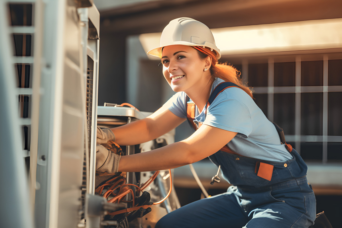 An HVAC technician performing maintenance on an outdoor HVAC system.