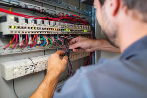 An electrical contractor is adjusting wiring in an electrical setup in El Paso.
