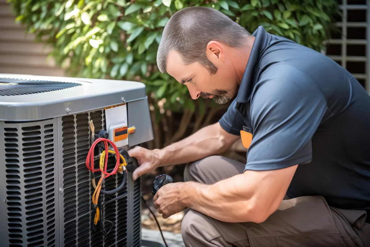 A man inspecting an outdoor HVAC unit in El Paso.